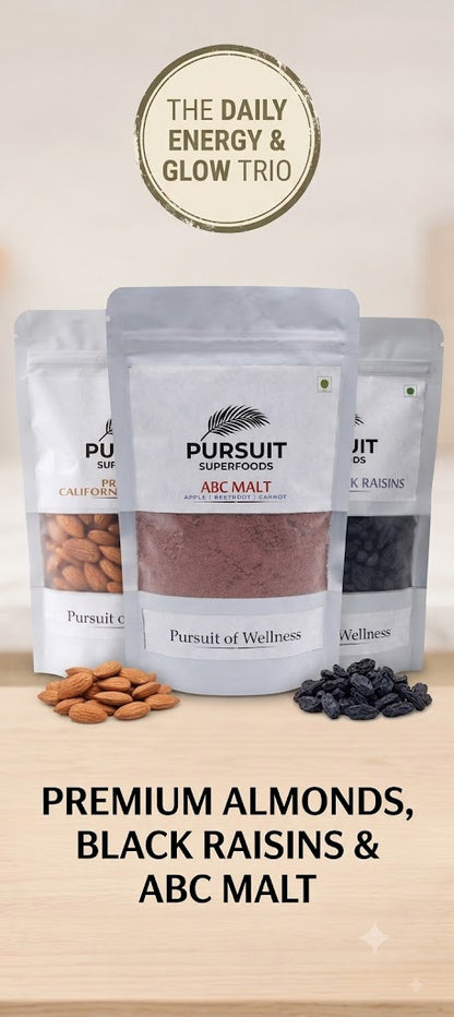 Daily Energy & Glow Trio (California Almonds, Black Raisins & ABC Malt – 250g Each)
